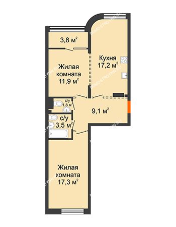 2 комнатная квартира 62,7 м² - ЖК Лайнер на Барминской