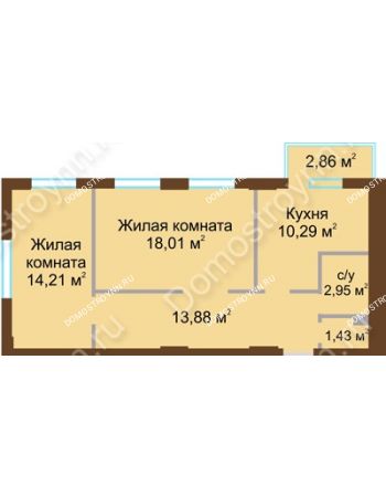 2 комнатная квартира 61,63 м² в ЖК Солнечный, дом № 4