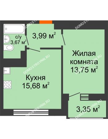 1 комнатная квартира 40,44 м² в ЖК Книги, дом № 1