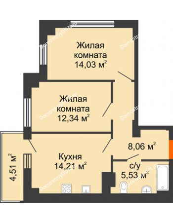 2 комнатная квартира 55,52 м² в ЖК Аврора, дом № 3