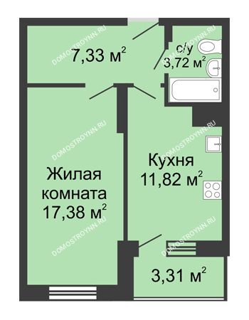 1 комнатная квартира 43,56 м² в ЖК Красная поляна, дом № 6