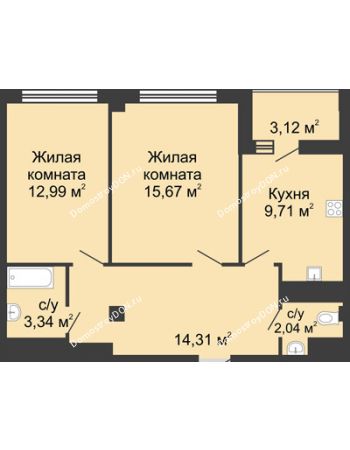 2 комнатная квартира 60,67 м² в  ЖК РИИЖТский Уют, дом Секция 1-2