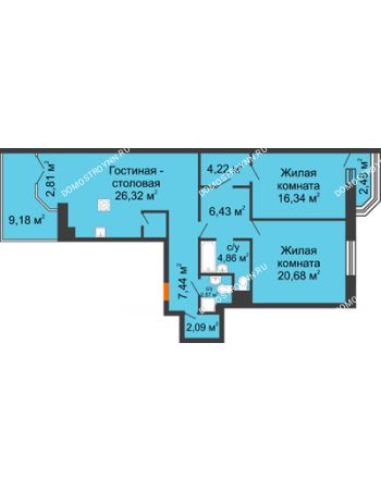 3 комнатная квартира 98,73 м² - ЖК Дом на Гребешке