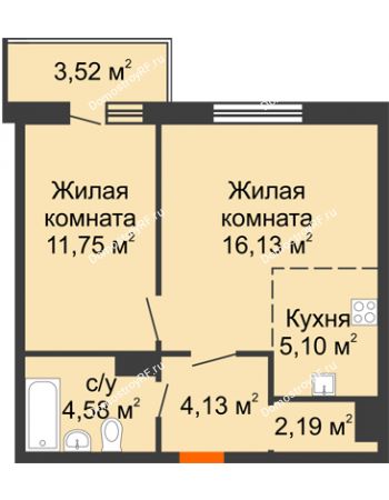 2 комнатная квартира 47,4 м² в ЖК На Хмельницкого	, дом № 3