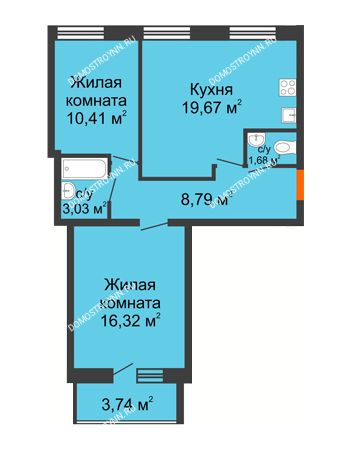 2 комнатная квартира 61,77 м² в ЖК АВИА, дом № 2
