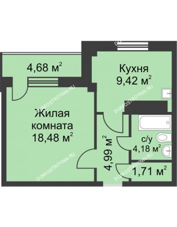 1 комнатная квартира 40,8 м² в ЖК На Победной, дом № 4