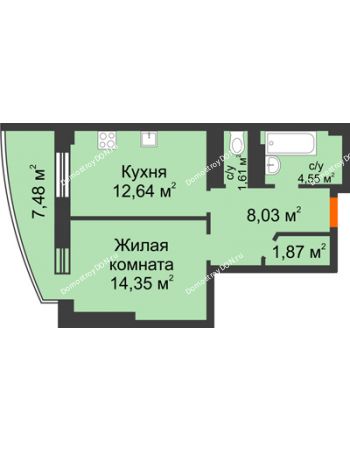 1 комнатная квартира 45,29 м² в ЖК Звезда, дом № 1