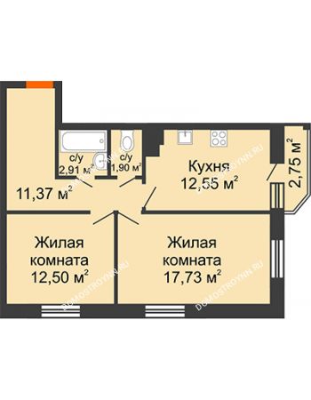 2 комнатная квартира 59,8 м² в ЖК Академический, дом № 15