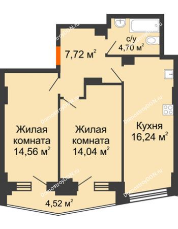 2 комнатная квартира 59,42 м² в ЖК Рубин, дом Литер 3