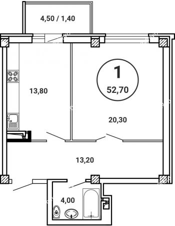 1 комнатная квартира 52,7 м² в ЖК Лебедь, дом № 50