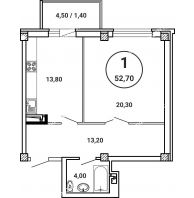 1 комнатная квартира 52,7 м² в ЖК Лебедь, дом № 50 - планировка