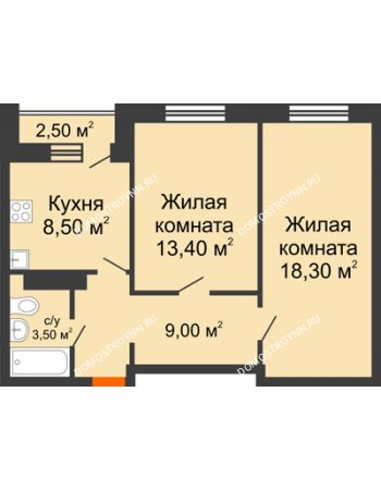 2 комнатная квартира 52,7 м² в ЖК Торпедо, дом № 1