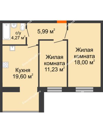 2 комнатная квартира 59,09 м² в ЖК Бунина парк, дом 3 этап, блок-секция 3 С