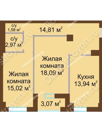 2 комнатная квартира 67,95 м² - ЖК Грани