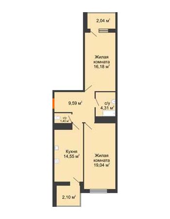 2 комнатная квартира 69,21 м² в ЖК Фамилия, дом Литер 1