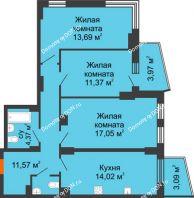 3 комнатная квартира 77,1 м² в ЖК Город у реки, дом Литер 7 - планировка