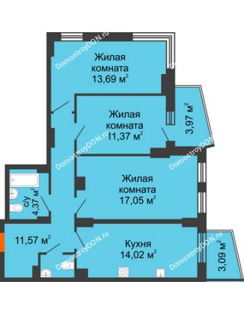 3 комнатная квартира 77,1 м² в ЖК Город у реки, дом Литер 7