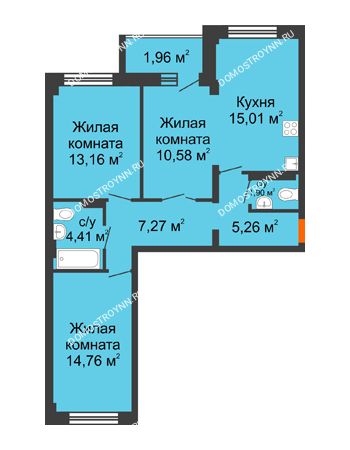 3 комнатная квартира 74,29 м² в ЖК Дом с террасами, дом № 6