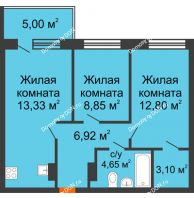 3 комнатная квартира 59,15 м² в ЖК Гвардейский 3.0, дом Секция 3 - планировка