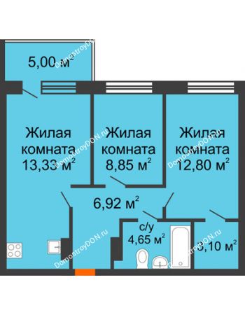 3 комнатная квартира 59,15 м² в ЖК Гвардейский 3.0, дом Секция 3