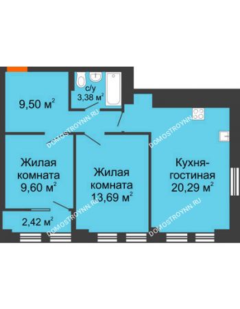 3 комнатная квартира 57,67 м² в ЖК Каскад на Менделеева, дом № 1