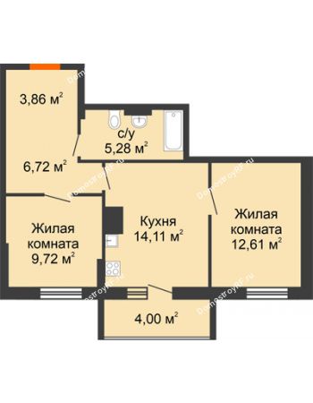 2 комнатная квартира 56,3 м² в ЖК Рассвет, дом № 10