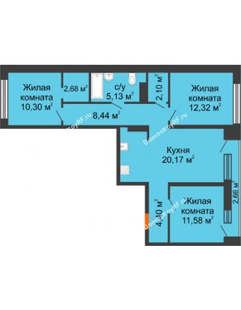 3 комнатная квартира 78,45 м² в Микрорайон Видный	, дом ГП-20