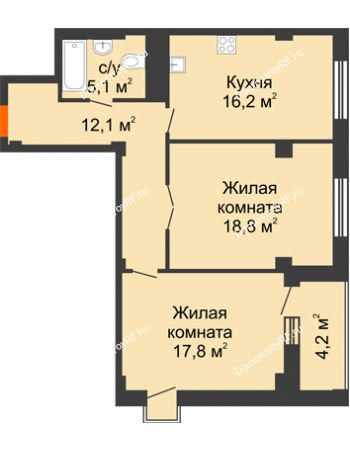 2 комнатная квартира 72,1 м² - ЖК Вершина