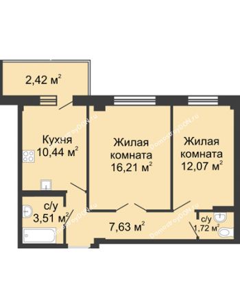 2 комнатная квартира 54,2 м² в ЖК Соловьиная роща, дом № 1