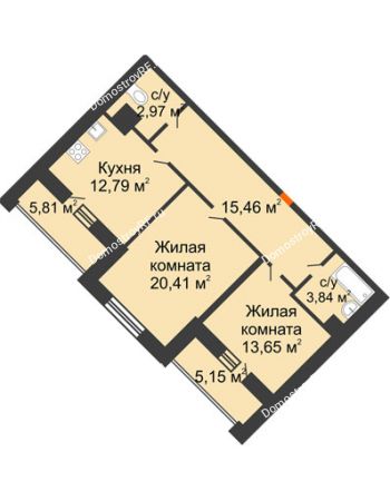 2 комнатная квартира 74,59 м² - ЖД Эльбрус
