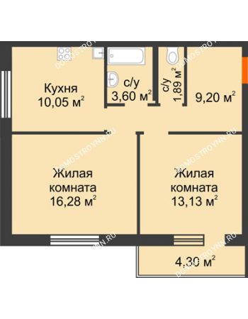 2 комнатная квартира 56,3 м² в ЖК Циолковский, дом № 2