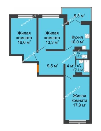 3 комнатная квартира 77,2 м² в ЖК Лазурный, дом позиция 30