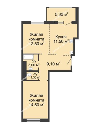 2 комнатная квартира 53,5 м² в ЖК 5 Элемент (Пятый Элемент), дом Корпус 5-1.1