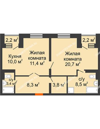 2 комнатная квартира 68,3 м² в ЖК Жюль Верн, дом № 1, корпус 2