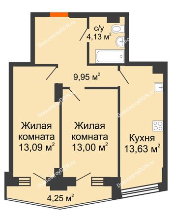 2 комнатная квартира 55,55 м² в ЖК Рубин, дом Литер 3