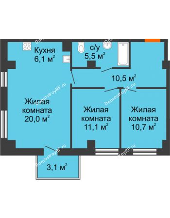 3 комнатная квартира 64,8 м² в ЖК Времена года, дом № 1