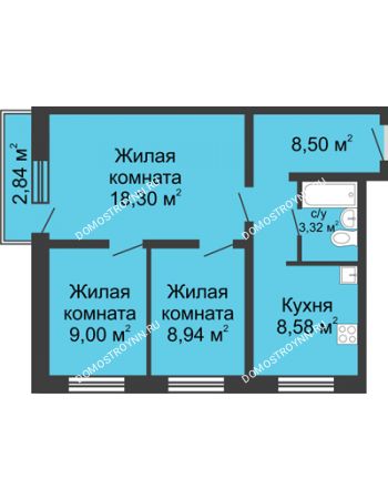 3 комнатная квартира 56,5 м² в ЖК Корабли, дом № 6