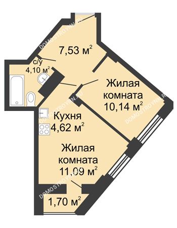 2 комнатная квартира 38,33 м² - ЖК Каскад на Волжской