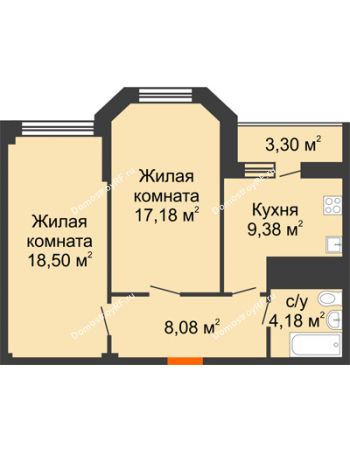 2 комнатная квартира 57,32 м² в ЖК Солнечный, дом № 2