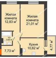 2 комнатная квартира 60,59 м² в ЖК Гвардейский 3.0, дом Секция 2 - планировка