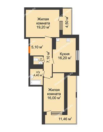 2 комнатная квартира 77,68 м² в ЖК Корица, дом № 1