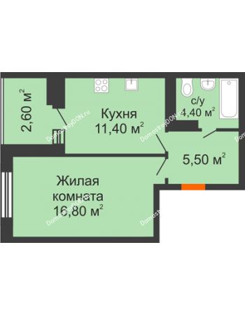 1 комнатная квартира 40,7 м² в ЖК Вересаево, дом Литер 16/1