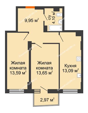 2 комнатная квартира 55,01 м² в ЖК Город у реки, дом Литер 7
