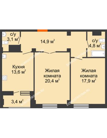 2 комнатная квартира 76,4 м² в ЖК Квартет, дом № 3