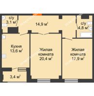 2 комнатная квартира 76,4 м² в ЖК Квартет, дом № 3 - планировка