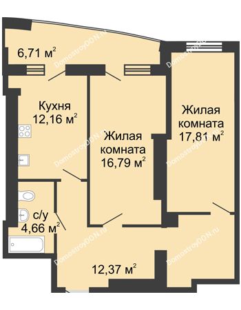 2 комнатная квартира 79 м² в ЖК Тихий Дон, дом № 1