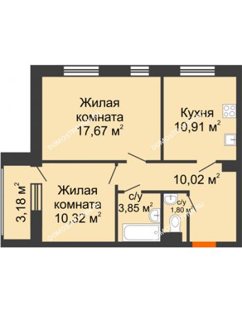 2 комнатная квартира 56,16 м² - ЖК Дом на Чаадаева