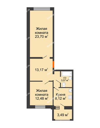 2 комнатная квартира 62,88 м² в ЖК Боровое, дом № 14