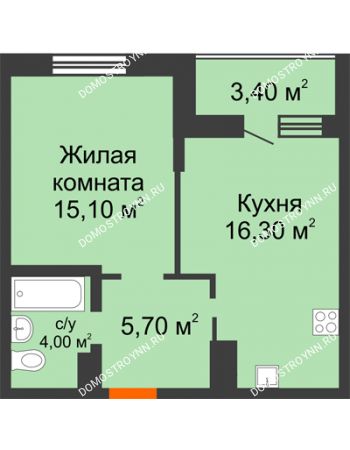 1 комнатная квартира 44,5 м² в ЖК Подкова на Цветочной, дом № 8