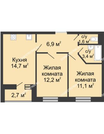 2 комнатная квартира 51,25 м² в ЖК Цветы, дом № 10